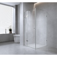 110x90cm Corner Frameless Shower Screen with Black Brackets and Brass Hinges, Square Knob Handle