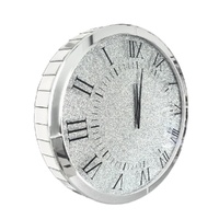 Large Silver Wall Clock Twinkle Crushed Diamond Mirrored Clock With Beveled Edge