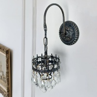 Vintage Wall Light Sconce with Clear Crystals, Black and Gold Glass Wall Lamp, 3-Mode Dimmable LED E14 Lighting Fixture for Home, Bathroom, Dining Roo
