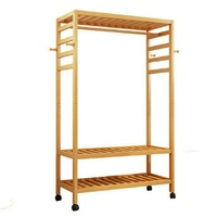 169cm Mildrew-proof Bamboo Clothes Shelves Stand On Wheels Coat Shoes Bags Rack