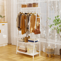 Large White Bamboo Garment Clothes Rack Shoes Coats Shelf w/ 3 Shelves & 10 Hook