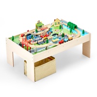 VEVOR Train Table, 84 Multicolor Pieces Wooden Kids Activity Table with Collapsible Storage Bin, 3-in-1 Wooden Train Set for Gaming, Drawing, Reading,