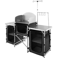 Camping Kitchen Table, Folding Outdoor Cooking Table with Storage Carrying Bag, Aluminum Cook Station 3 Cupboard & Detachable Windscreen, Quick Set-up