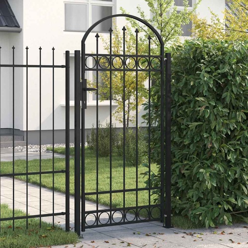 Fence Gate with Arched Top and 2 Posts 105x204 cm Black