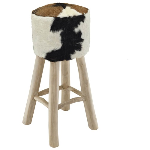 Bar Stool Goatskin Leather and Solid Teak Wood