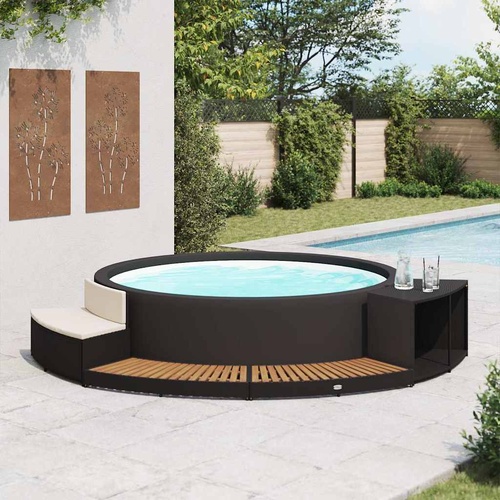 Spa Surround Black Poly Rattan and Acacia Wood