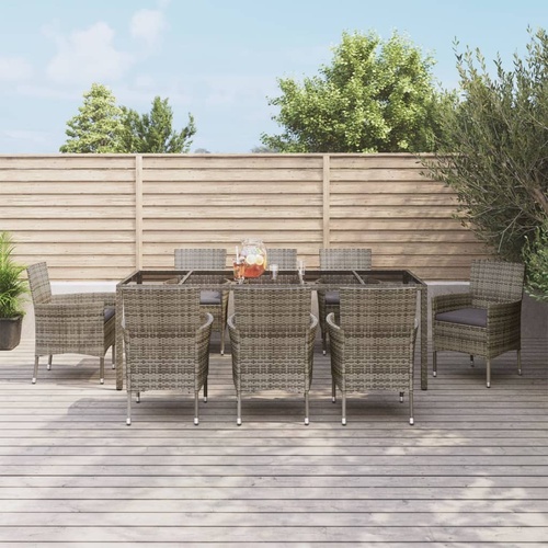 9 Piece Garden Dining Set with Cushions Grey Poly Rattan