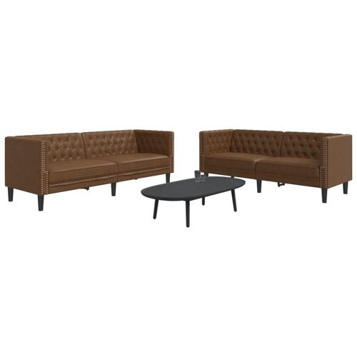 2 Piece Chesterfield Sofa Set Brown Faux Suede Leather