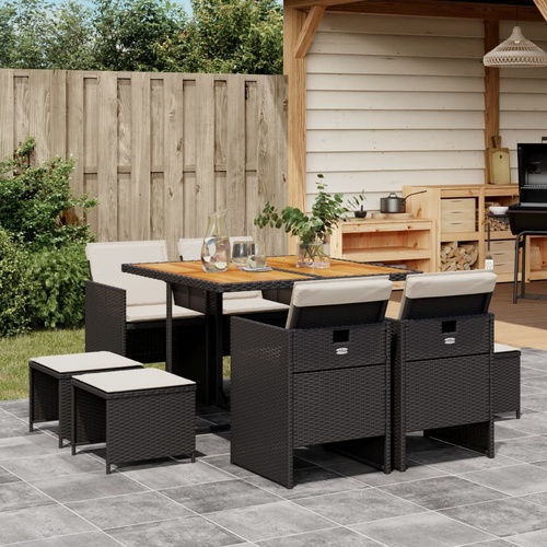 9 Piece Garden Dining Set with Cushions Black Poly Rattan