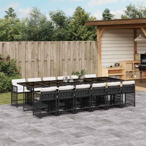 13 Piece Garden Dining Set with Cushions Black Poly Rattan