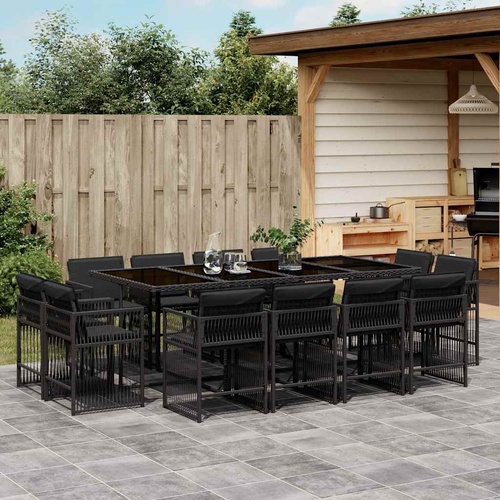 13 Piece Garden Dining Set with Cushions Black Poly Rattan
