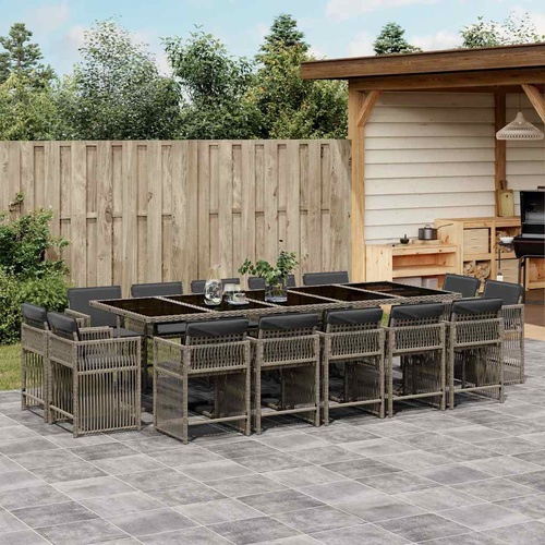 15 Piece Garden Dining Set with Cushions Grey Poly Rattan
