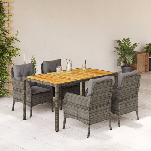 5 Piece Garden Dining Set with Cushions Grey Poly Rattan