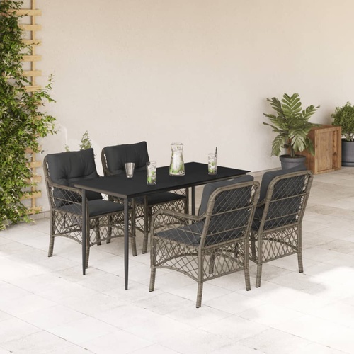 5 Piece Garden Dining Set with Cushions Grey Poly Rattan