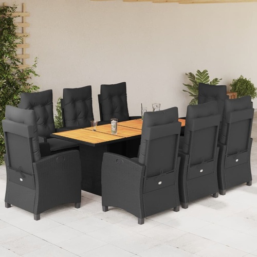 9 Piece Garden Dining Set with Cushions Black Poly Rattan