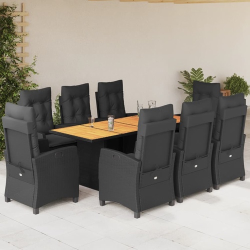 9 Piece Garden Dining Set with Cushions Black Poly Rattan