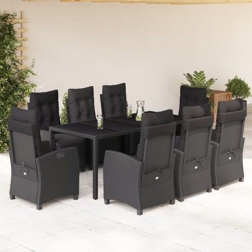 9 Piece Garden Dining Set with Cushions Black Poly Rattan