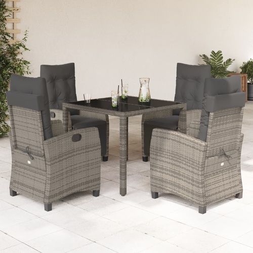 5 Piece Garden Dining Set with Cushions Grey Poly Rattan
