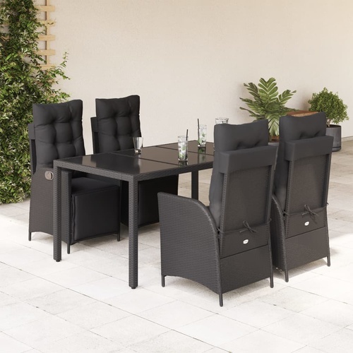 5 Piece Garden Dining Set with Cushions Black Poly Rattan