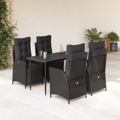 5 Piece Garden Dining Set with Cushions Black Poly Rattan