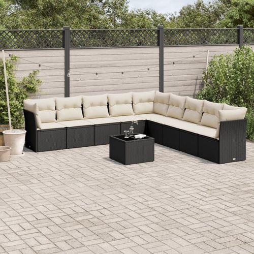 10 Piece Garden Sofa Set with Cushions Black Poly Rattan
