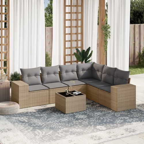 7 Piece Garden Sofa Set with Cushions Beige Poly Rattan
