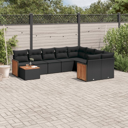 10 Piece Garden Sofa Set with Cushions Black Poly Rattan