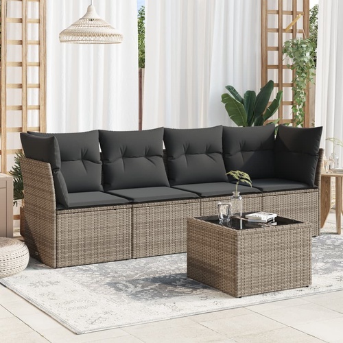 5 Piece Garden Sofa Set with Cushions Grey Poly Rattan