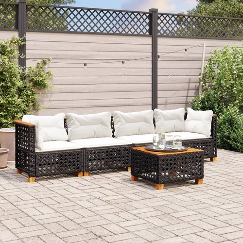 5 Piece Garden Sofa Set with Cushions Black Poly Rattan