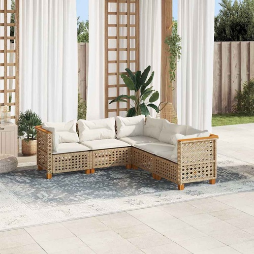 5 Piece Garden Sofa Set with Cushions Beige Poly Rattan