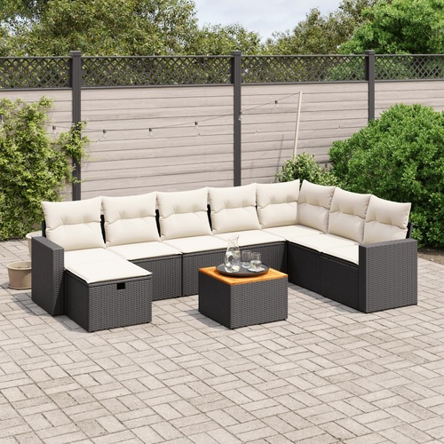 9 Piece Garden Sofa Set with Cushions Black Poly Rattan