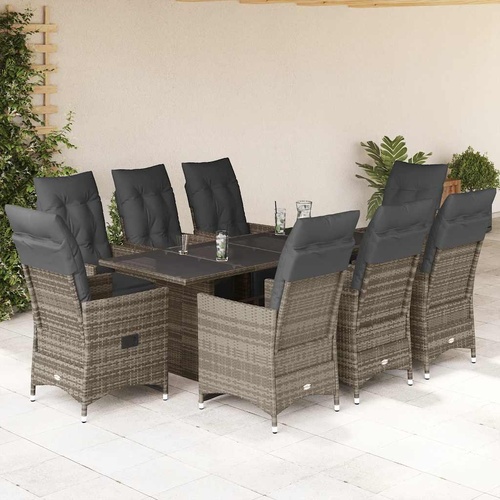 9 Piece Garden Bistro Set with Cushions Grey Poly Rattan