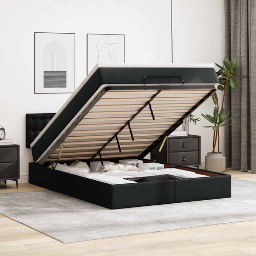 Ottoman Bed with Mattresses & LEDs Black Queen Faux Leather