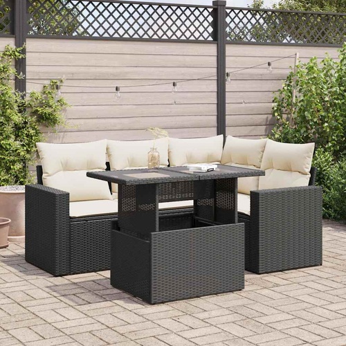 5 Piece Garden Sofa Set with Cushions Black Poly Rattan