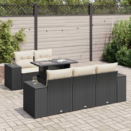 6 Piece Garden Sofa Set with Cushions Black Poly Rattan