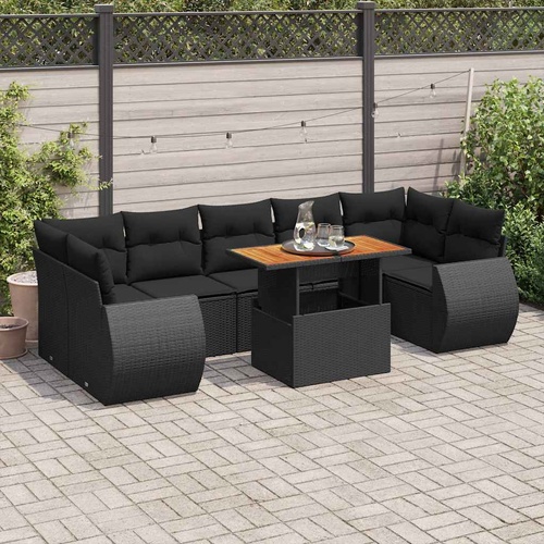 8 Piece Garden Sofa Set with Cushions Black Poly Rattan