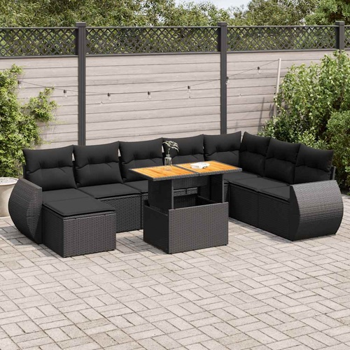 9 Piece Garden Sofa Set with Cushions Black Poly Rattan