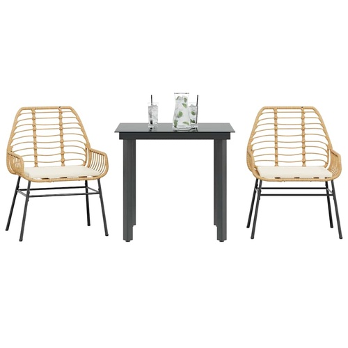 3 Piece Garden Dining Set with Cushions Brown Poly Rattan Glass