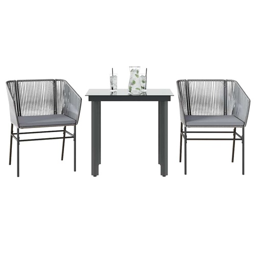 3 Piece Garden Dining Set with Cushions Grey Poly Rattan Glass