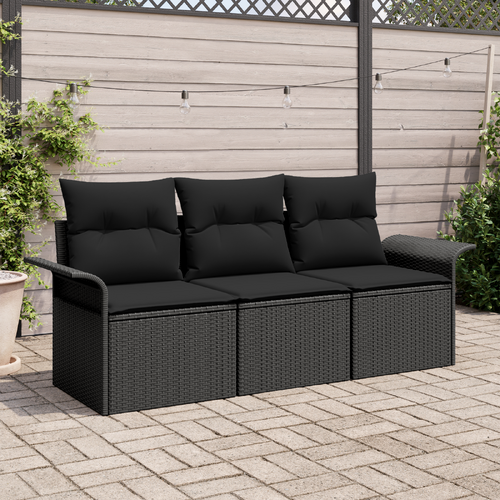 3 Piece Garden Sofa Set with Cushions - Black Poly Rattan