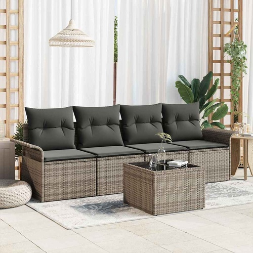 5 Piece Garden Sofa Set with Cushions - Grey Poly Rattan