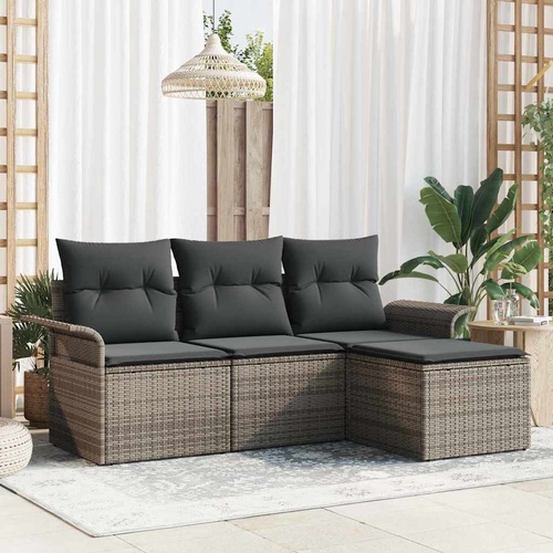 4 Piece Garden Sofa Set with Cushions Grey Poly Rattan
