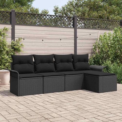 5 Piece Garden Sofa Set with Cushions Black Poly Rattan