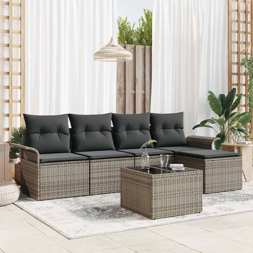 5 Piece Garden Sofa Set with Cushions Black Poly Rattan
