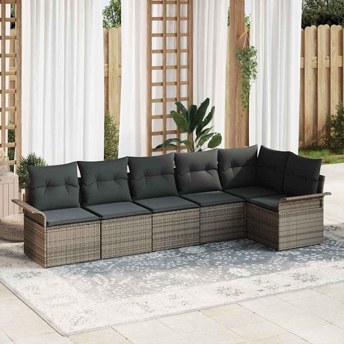 6-Piece Garden Sofa Set with Cushions – Grey Poly Rattan