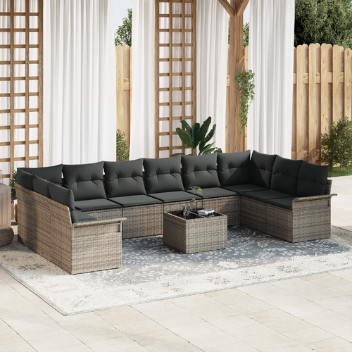 10 Piece Garden Sofa Set with Cushions Grey Poly Rattan