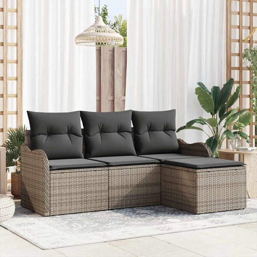 4 Piece Garden Sofa Set with Cushions Grey Poly Rattan