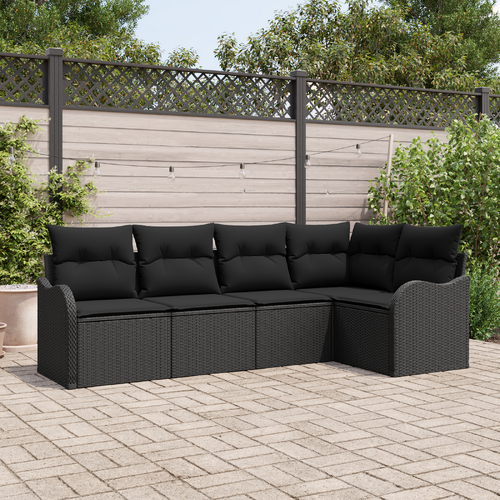 5 Piece Garden Sofa Set with Cushions Black Poly Rattan