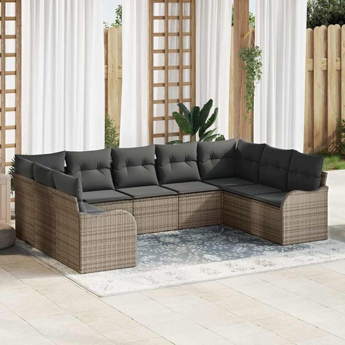 9 Piece Garden Sofa Set with Cushions Grey Poly Rattan