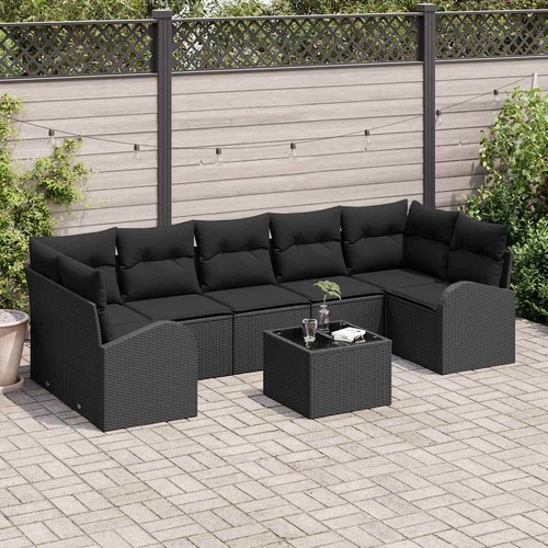 8 Piece Garden Sofa Set with Cushions Black Poly Rattan